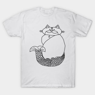Kevin MerCat the Cat Mermaid Black Line Drawing T-Shirt